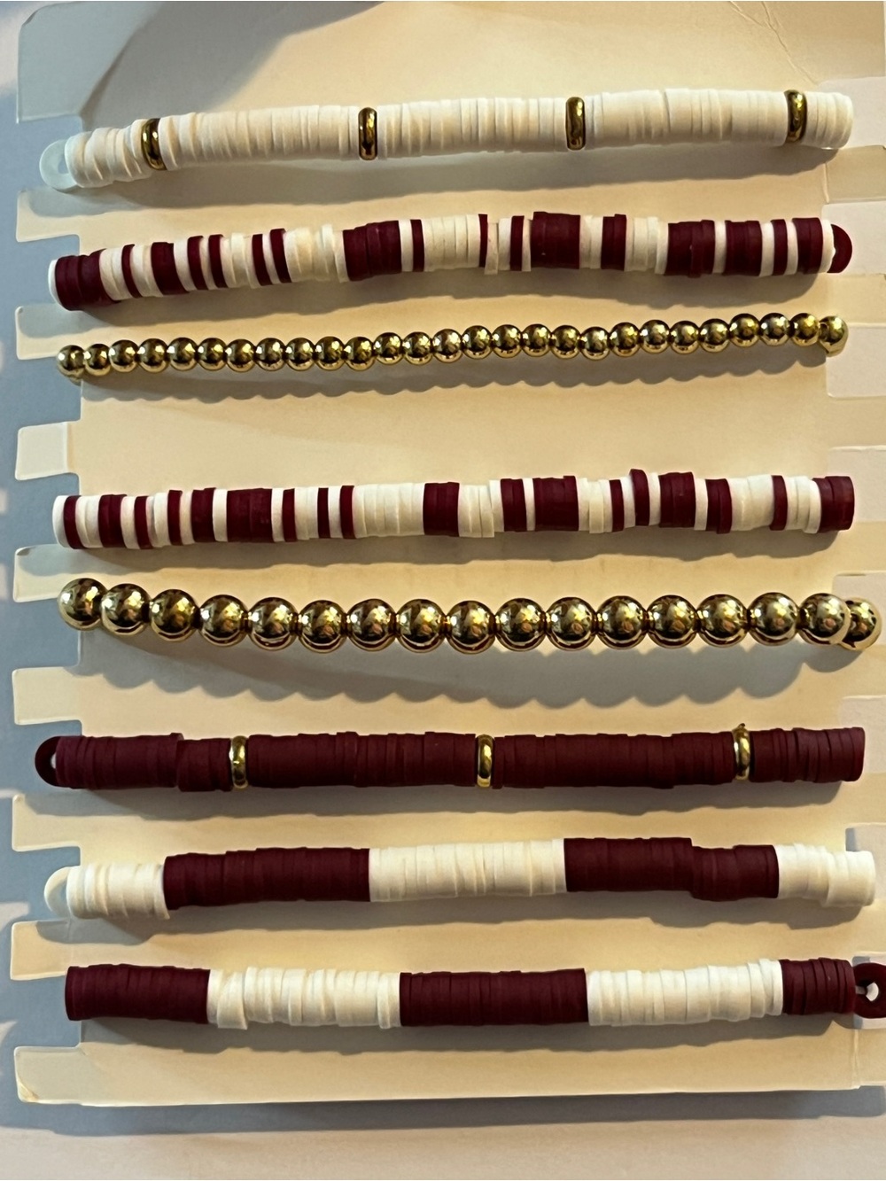 Fashion Jewelry Maroon & White Game Day Bracelet Set of 8 Different Styles - Picture 6 of 6